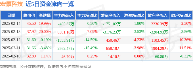 异动快报：宏景科技（301396）2月17日13点53分触及涨停板